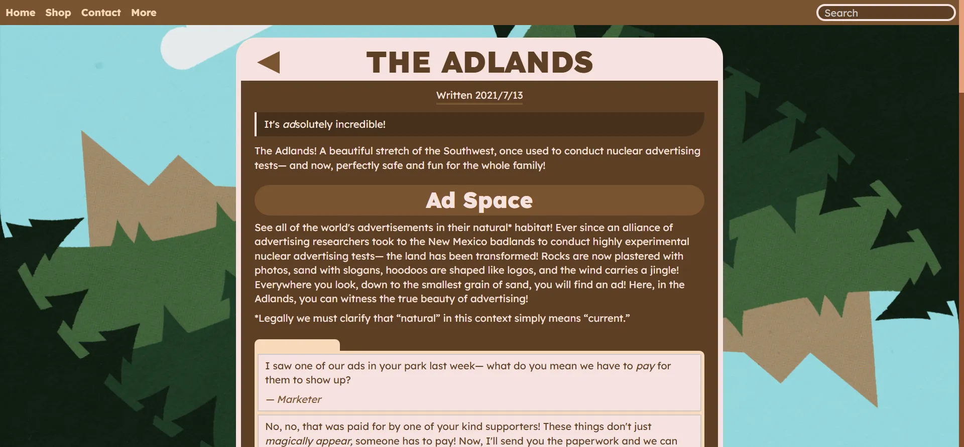 Screenshot of the APRA website. The page is styled to look like a US national park sign, with a thick cream border, rounded corners, white text, and a brown background. The background depicts a stylized forest